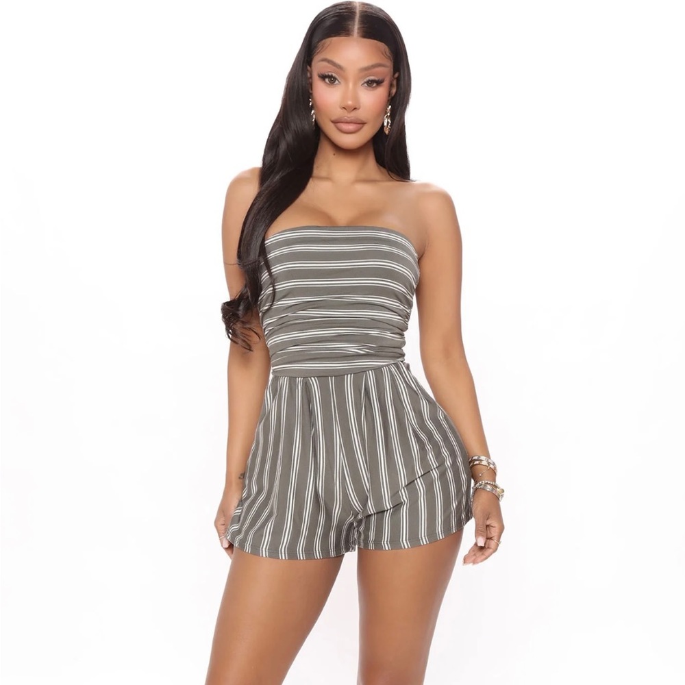 Olive striped jumpsuit fashion nova